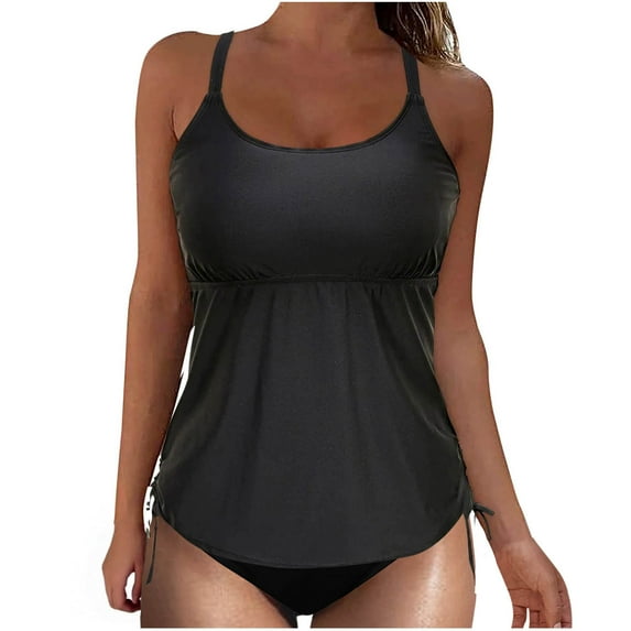 Efsteb High Waisted Thong Bikini Sets for Women Bikini Tank Tops for Women Two Piece Swimsuits Solid Color Push-Up Padded Swimwear Bathing Suit Blouse Sets (Black,M)
