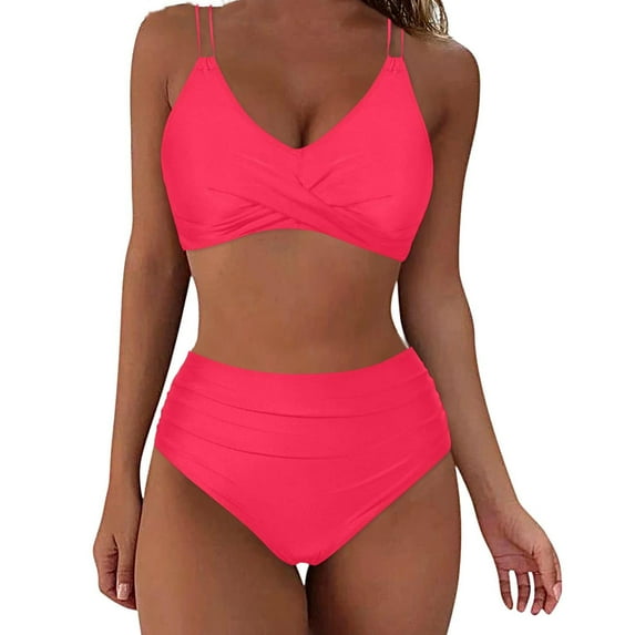 Efsteb High Waisted Thong Bikini Sets for Women Women's High Waisted Bikini Sets Push Up Twist Front Spaghetti Straps Ruched Two Piece Swimsuit Bathing Suit (Hot Pink,S)