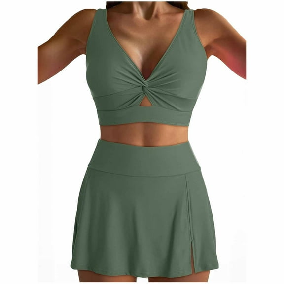 Efsteb High Waisted Thong Bikini Sets for Women Women's High Waisted Bikini Sets Sporty Two Piece Bathing Suits Solid Color Swim Skirt Swim Suits (Green,XL)