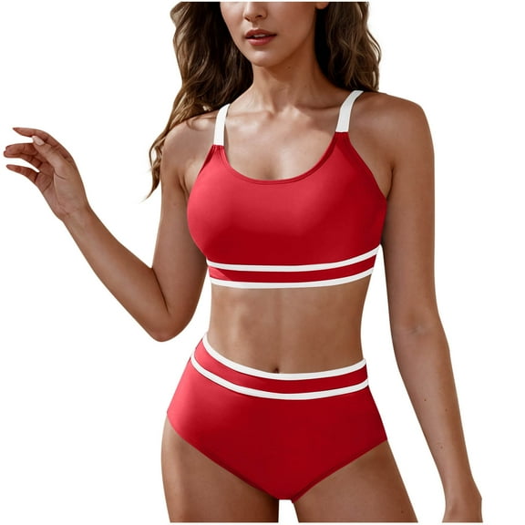 Efsteb High Waisted Thong Bikini Sets for Women Women's High Waisted Bikini Sets Sporty Two Piece Swimsuits Color Block Cheeky High Cut Bathing Suits (Red,L)