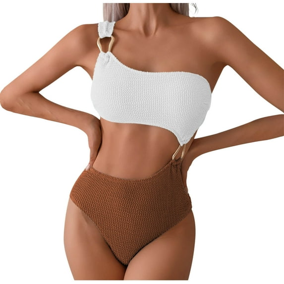 Efsteb High Waisted Thong Bikini Sets for Women Women's Ribbed Bikini Sets One Shoulder Top Two Piece Swimsuits Textured Adjustable Strap Cheeky Bathing Suit (Khaki,XL)