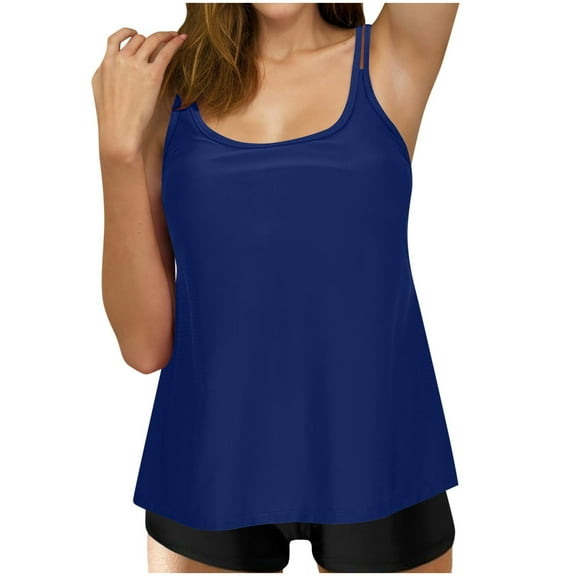 Efsteb High Waisted Thong Bikini Sets for Women Womens Two Piece Swimsuits Tankini Top with Shorts Solid Color Bathing Suits Athletic Swimwear (Blue,S)