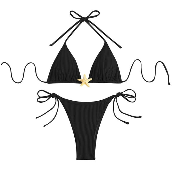 Efsteb High Waisted Thong Bikini Sets for Women Women Two Piece Swimsuit String Bikini Set 2 Piece Swimsuits Fashion Beach Bathing Suit (Black,L)