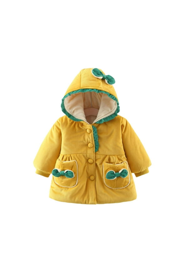 Infant Baby Girls Winter Coat Toddler Ruffle Bowknots Hooded Padded Jacket Button Long Sleeve Warm Outwear with Pockets (Yellow,2 Years)
