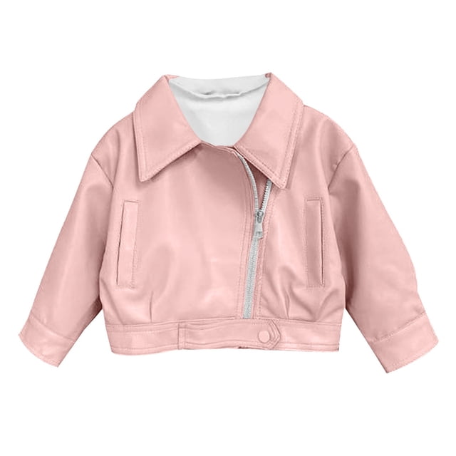 Efsteb Jackets for Girls Faux Leather Motorcycle Coat Toddler Zipper Long Sleeve Leather Jackets Fall Winter Lapel Outerwear (Pink,10 Years)