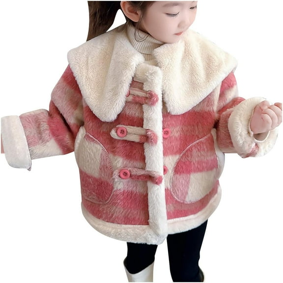 Efsteb Jackets for Girls Plaid Thickened Warm Coats Button Long Sleeve Lapel Winter Warm Jackets (Pink,6 Years)