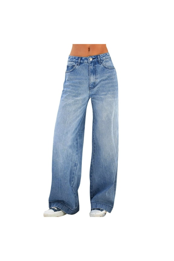 Jeans for Women, Women's High Waist Baggy Denim Pants Loose Wide Leg Cargo Jeans Straight Trousers with Pocket (Dark Blue,M)