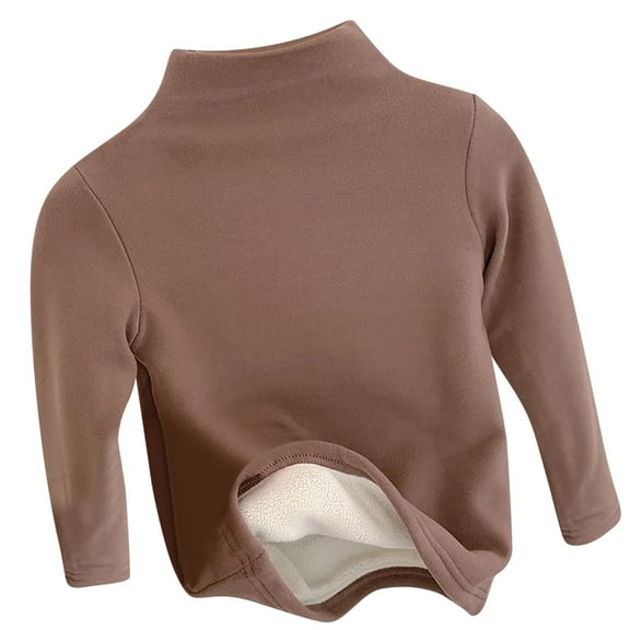 Efsteb Kids Boys Girls Cute Tops Solid Color Casual Long Sleeve Tops Thick Velvet High Neck T-shirt Base Shirt Fashion Comfy Loose Blouses (Coffee,5-6 Years)