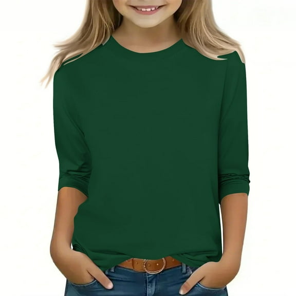 Efsteb Kids Girls 3/4 Sleeve Round Neck Tops Comfy Summer Cute Solid Color Loose Casual T Shirts (Green,3-4 Years )