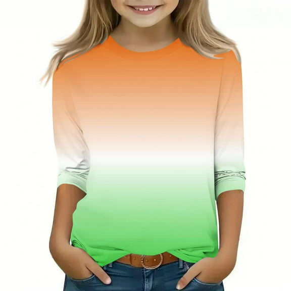 Efsteb Kids Girls 3/4 Sleeve Shirts Loose Casual Round Neck Three-quarter Sleeve Tops Summer Comfy Cute Gradient Color Tee Shirt(Green,3-4 Years )