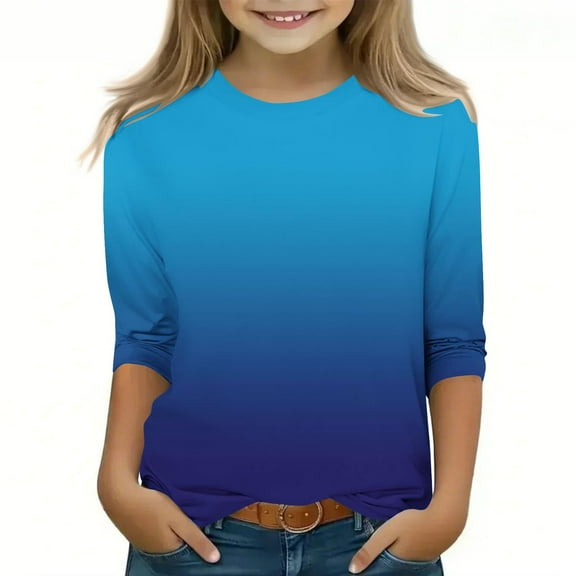 Efsteb Kids Girls 3/4 Sleeve Shirts Loose Casual Round Neck Three-quarter Sleeve Tops Summer Cute Gradient Color Comfy Blouses(Blue,3-4 Years )