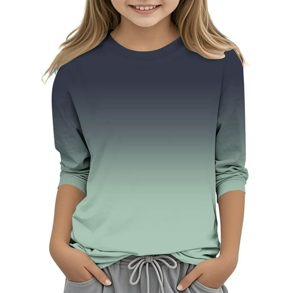 Efsteb Kids Girls 3/4 Sleeve Shirts Loose Casual Round Neck Three-quarter Sleeve Tops Summer Cute Gradient Color Comfy Blouses(Gray,3-4 Years )