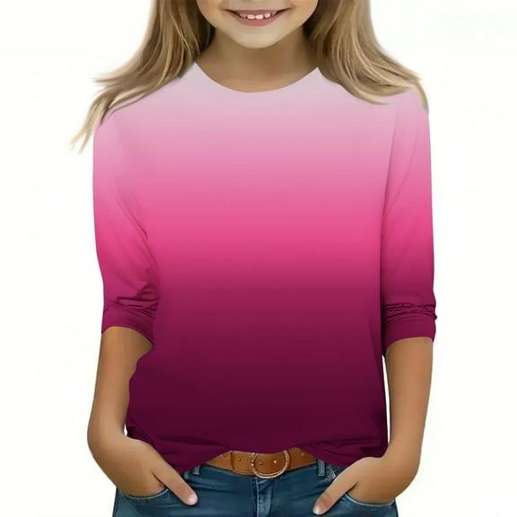 Efsteb Kids Girls 3/4 Sleeve Shirts Loose Casual Round Neck Three-quarter Sleeve Tops Summer Cute Gradient Color Comfy Blouses(Hot Pink,11-12 Years )