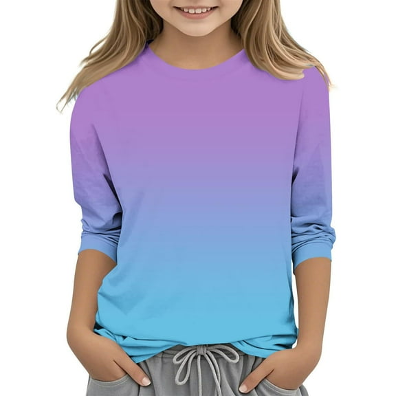 Efsteb Kids Girls 3/4 Sleeve Shirts Loose Casual Round Neck Three-quarter Sleeve Tops Summer Cute Gradient Color Comfy Blouses(Purple,7-8 Years )