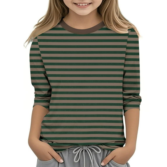 Efsteb Kids Girls 3/4 Sleeve Shirts Loose Casual Summer Round Neck Three-quarter Sleeve Tops Cute Striped Print Comfy Tee Shirt(Coffee,9 Years )
