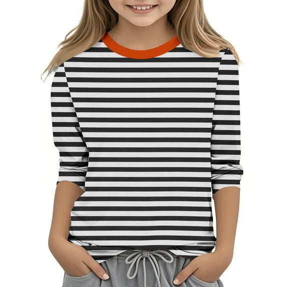 Efsteb Kids Girls 3/4 Sleeve T Shirts Casual Summer Round Neck Three-quarter Sleeve Tops Comfy Cute Striped Print Loose Blouses(Black,5 Years )