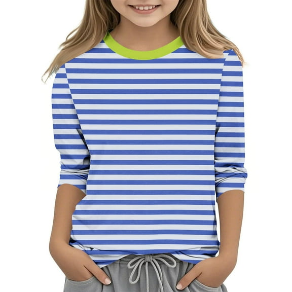 Efsteb Kids Girls 3/4 Sleeve T Shirts Casual Summer Round Neck Three-quarter Sleeve Tops Comfy Cute Striped Print Loose Blouses(Blue,7 Years )