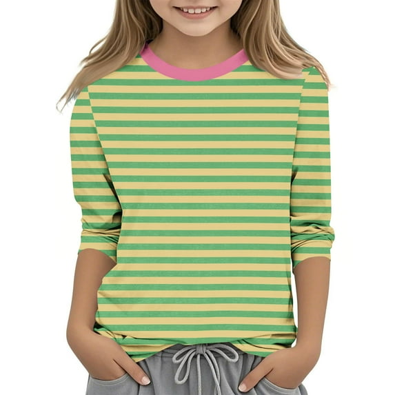 Efsteb Kids Girls 3/4 Sleeve T Shirts Cute Striped Print Casual Summer Round Neck Three-quarter Sleeve Tops Loose Comfy Tee Shirt(Yellow,9 Years )