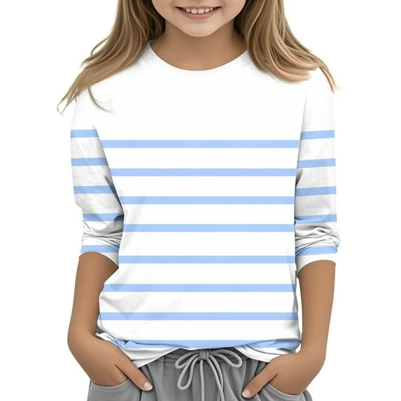 Efsteb Kids Girls 3/4 Sleeve Tshirt Round Neck Three-quarter Sleeve Tops Comfy Loose Summer Cute Striped Print Casual Blouses(Sky Blue,11-12 Years )
