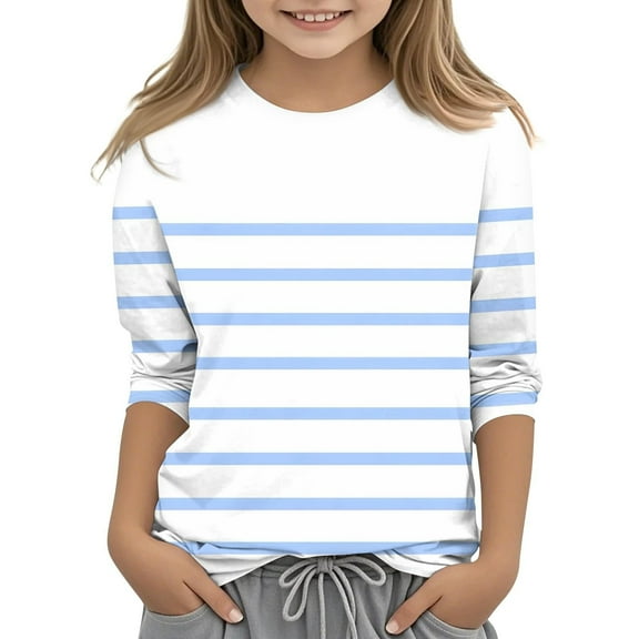 Efsteb Kids Girls 3/4 Sleeve Tshirt Round Neck Three-quarter Sleeve Tops Comfy Loose Summer Cute Striped Print Casual Blouses(Sky Blue,9-10 Years )