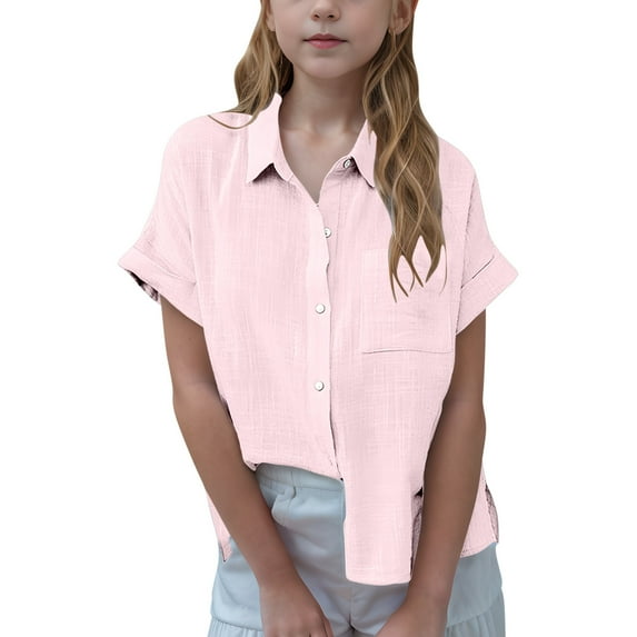 Efsteb Kids Girls Button Short Sleeve Shirts Casual Lapel Solid Color Loose Comfy Shirts Blouses(Pink,7 Years )