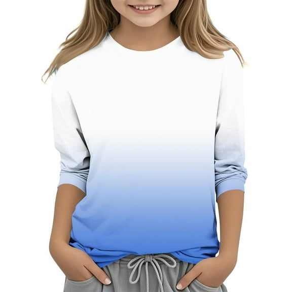 Efsteb Kids Girls Casual 3/4 Sleeve T Shirts Cute Gradient Color Round Neck Three-quarter Sleeve Tops Summer Comfy Loose Tee Shirt(Blue,3-4 Years )