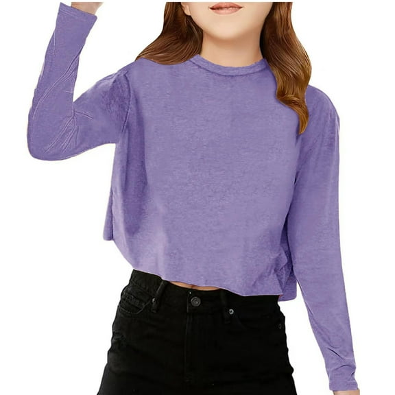 Efsteb Kids Girls Clothes Round Neck Lightweight Shirts Fashion Comfy Cute Tops Solid Color Loose Long Sleeve Tops Casual Blouses (Purple,9 Years)