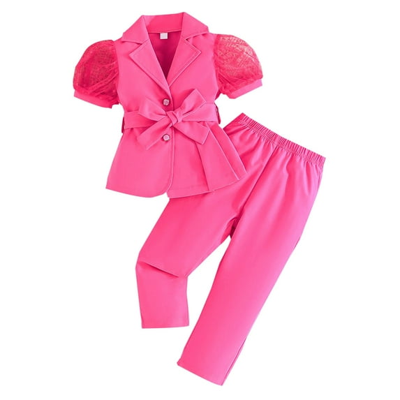 Efsteb Kids Girls Clothes Sets Solid Color Short Sleeved Mesh Suit Jacket Elastic Waist Long Pants Two-piece Set (Hot Pink,5 Years)