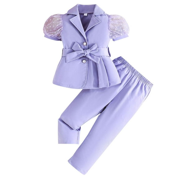 Efsteb Kids Girls Clothes Sets Solid Color Short Sleeved Mesh Suit Jacket Elastic Waist Long Pants Two-piece Set (Purple,6 Years)