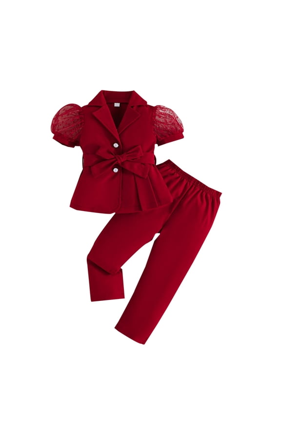 Kids Girls Clothes Sets Solid Color Short Sleeved Mesh Suit Jacket Elastic Waist Long Pants Two-piece Set (Red,2 Years)