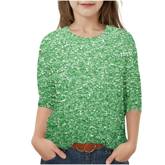 Efsteb Kids Girls' Fashion 3/4 Sleeve Shirt Crew Neck T Shirts Soft Casual Loose Glitter Print Graphic Tee Comfy Blouses (Green,11-12 Years)
