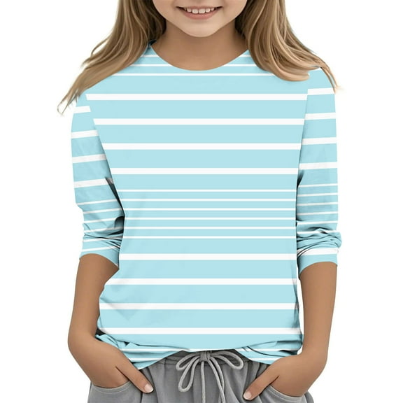 Efsteb Kids Girls Round Neck 3/4 Sleeve T Shirts Cute Striped Print Casual Summer Loose Comfy Tee Shirt(Blue,7 Years )