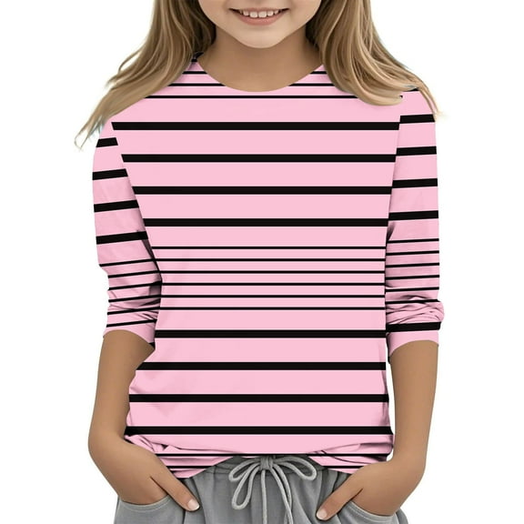 Efsteb Kids Girls Round Neck 3/4 Sleeve T Shirts Cute Striped Print Casual Summer Loose Comfy Tee Shirt(Pink,3 Years )