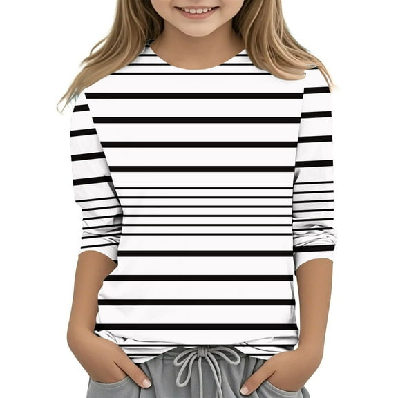 Efsteb Kids Girls Round Neck 3/4 Sleeve T Shirts Cute Striped Print Casual Summer Loose Comfy Tee Shirt(White,7 Years )