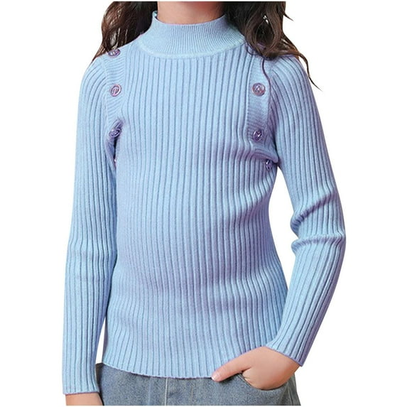 Efsteb Kids Girls Shirts Loose Casual Long Sleeve Tops Striped Thick High Neck Button T-shirt Base Shirt Fashion Comfy Cute Tops Solid Color Blouses (Light Blue,12-14 Years)