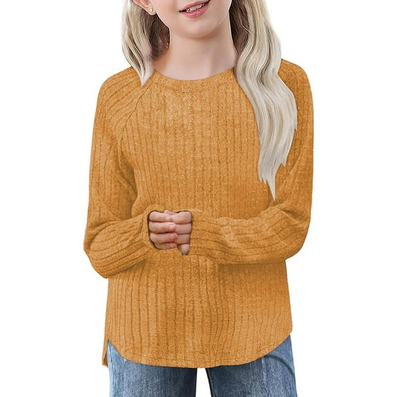 Efsteb Kids Girls Shirts Round Neck Eyelet Top Comfy Casual Cute Tops Solid Color Loose Fashion Long Sleeve Tops Blouses (Orange,7 Years)
