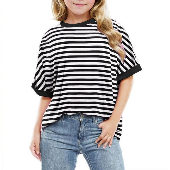 Efsteb Kids Girls Short Sleeve T Shirts Round Neck Tops Comfy Cute Striped Print Loose Summer Casual Blouses(Black,7 Years )