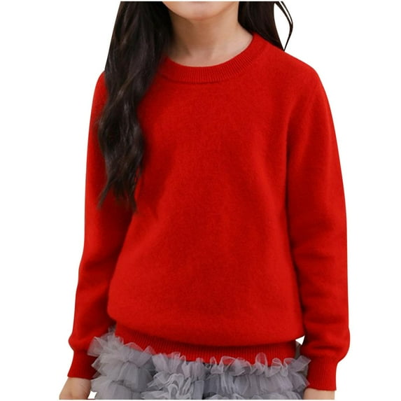 Efsteb Kids Girls Sweater Round Neck Knit Sweater Tops Fashion Comfy Cute Tops Solid Color Loose Casual Long Sleeve Tops Blouses (Red,4-5 Years)