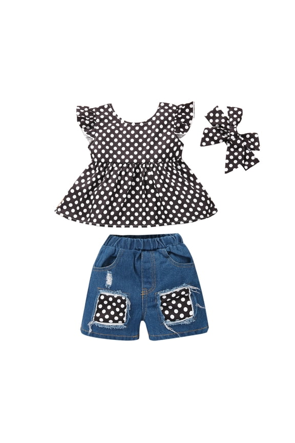 Kids Toddler Baby Girls Clothes Summer Fashion Floral Print Short-sleeved Tops Lace Patch Jeans Shorts Two-piece Suit (Black_A,3-4 Years)
