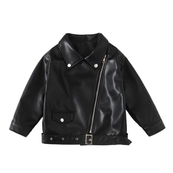 Efsteb Leather Jacket for Girls Boys Unisex Cropped Zip Up Faux Leather Motorcycle Jackets Kids Outerwear (Black,3 Years)