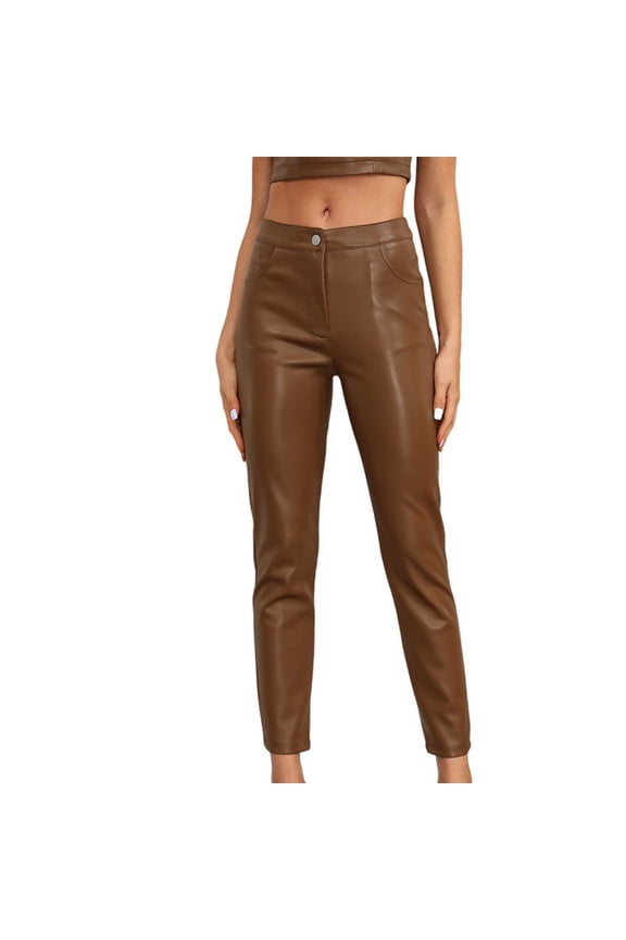 Leather Pants for Women High Waist Pants for Women Running Yoga Pants Stretch Solid Color Tight Fitness Gym Sports Leggings Pants Brown M