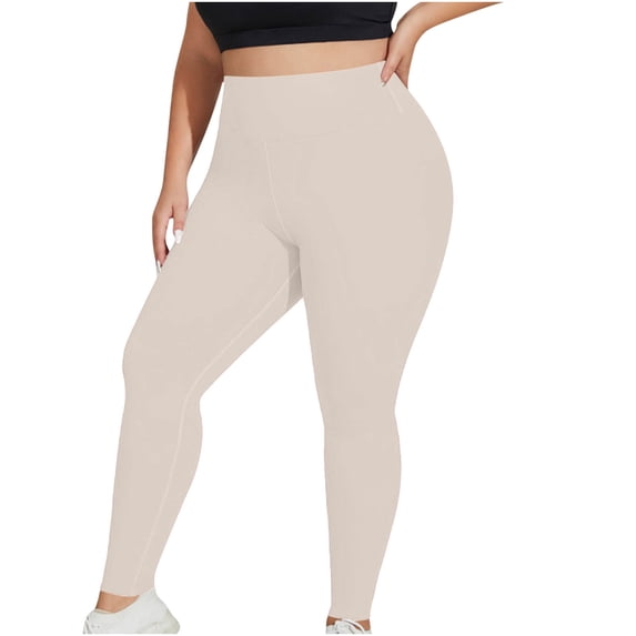 Efsteb Leggings for Women Stretchy High Waisted Plus Size Yoga Pants Comfy Soft Activewear Workout Solid Leggings (Beige,XL)