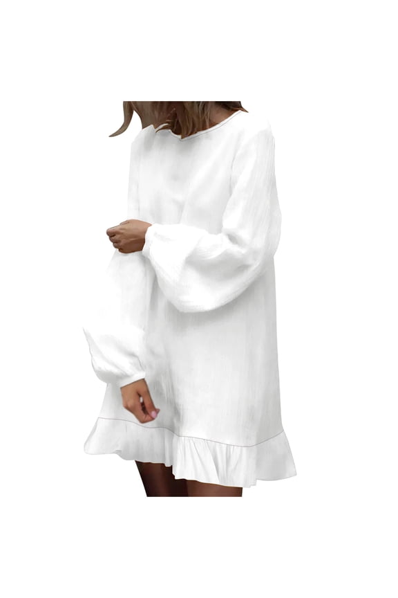 Lightweight Dresses for Women Cotton Linen Long Sleeve Loose Fit Basic Casual Spring Fall Dresses (White,L)