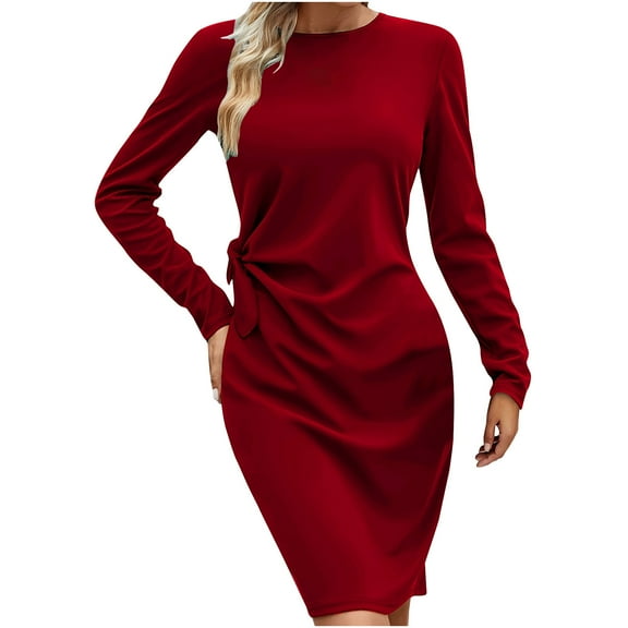 Efsteb Lightweight Dresses for Women Fall Fashion Package Hip Dresses Casual Slim Pleated Prom Long Sleeve Dresses (Red,M)