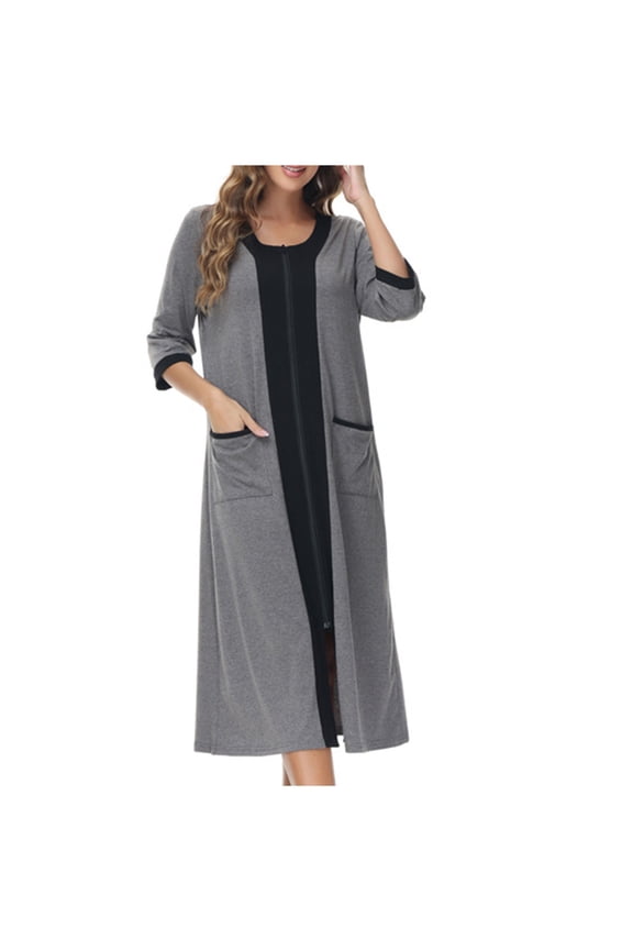 Lightweight Womens Robes Nightdress Zip With Pokets Loose Pajamas Robes Nightgown Solid Color Long Sleeve Clothes Fall Fashion Comfy Sleepwear Loose Homewear (Gray,XXL)