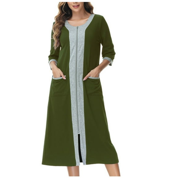 Efsteb Lightweight Womens Robes Nightdress Zip With Pokets Loose Pajamas Robes Nightgown Solid Color Long Sleeve Clothes Fall Fashion Comfy Sleepwear Loose Homewear (Army Green,L)