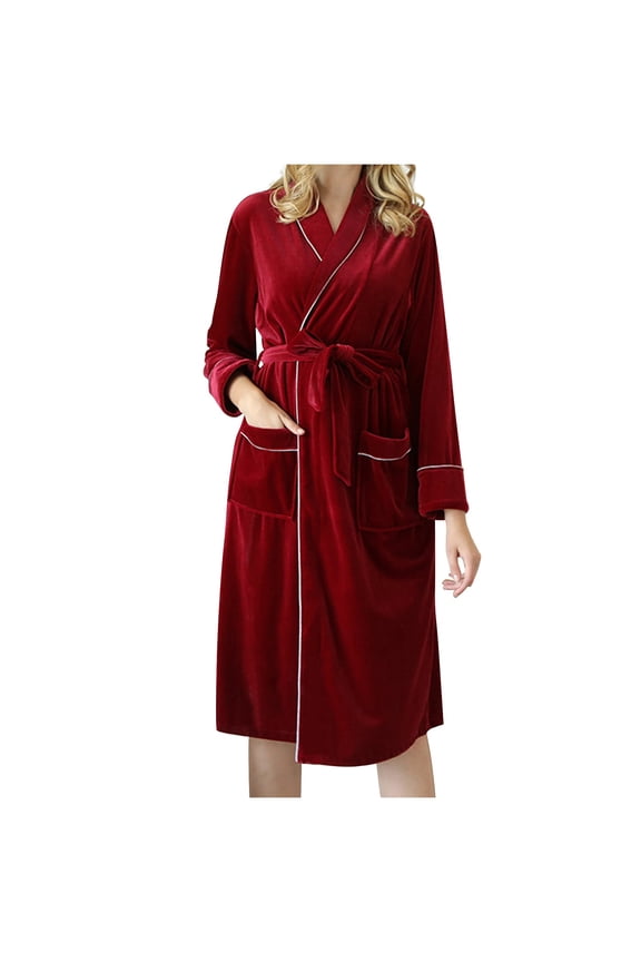 Lightweight Womens Robes Velvet Bandage Pajamas Robe Home Wear Long Sleeve Clothes Sleepwear Solid Color Fall Fashion Nightgown Loose Comfy Homewear (Wine,M)