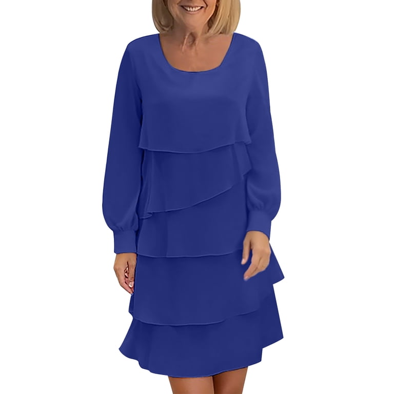 Efsteb Long Sleeve Dress for Women Tiered Dress Elegant Knee Length Wedding Guest Party Ruffle Layered Swing Dresses (Blue,XXL), Women's, Size: 2XL