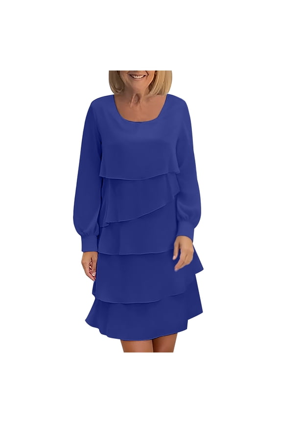 Long Sleeve Dress for Women Tiered Dress Elegant Knee Length Wedding Guest Party Ruffle Layered Swing Dresses (Blue,XXXL)