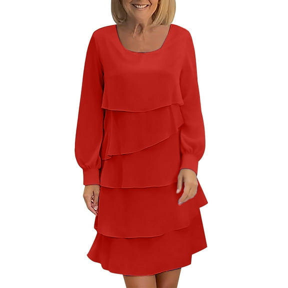 Efsteb Long Sleeve Dress for Women Tiered Dress Elegant Knee Length Wedding Guest Party Ruffle Layered Swing Dresses (Red,S)